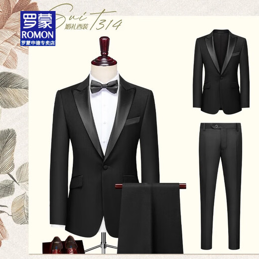 ROMON brand wedding suit groom wedding suit men's tuxedo handsome slim high-end banquet performance dress black lapel collar suit + trousers L