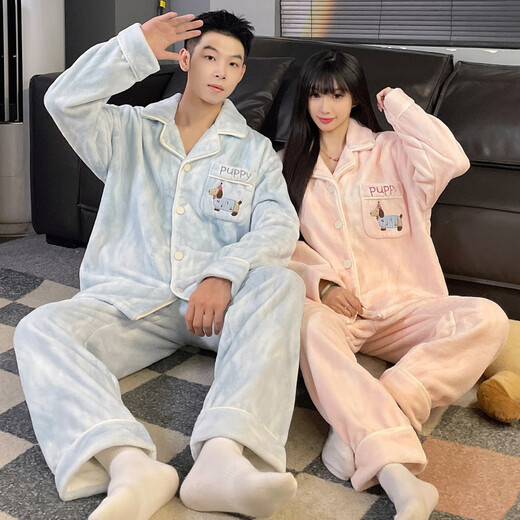 Modal Autumn and Winter Coral Fleece Couple Pajamas Women's Plus Velvet Thickened 2025 New Cartoon Dachshund Men's Home Clothes Set Dachshund Men's Blue * Women's Pink Couples need to take two sets L Female Recommended height 155-165c, weight 100-115Jin Jin equals 0.5 kg