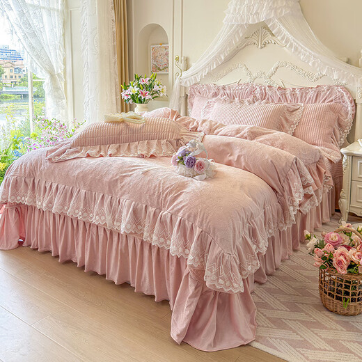Yalu Korean lace baby velvet bed skirt four-piece set winter double-sided milk velvet warm bed sheet quilt cover three-piece set Chanel Garden-Pink Jade bed cover 1.5m four-piece set