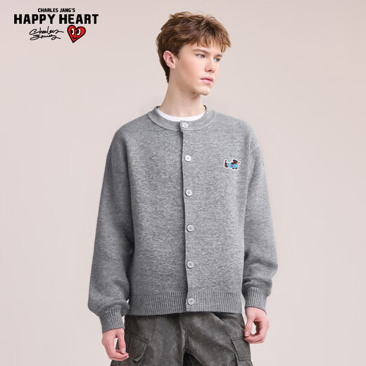 Charles Heart Japanese Cardigan Button Sweater for Men and Women Autumn and Winter Puppy Embroidered Sweater Couple Tops Dark Gray XL