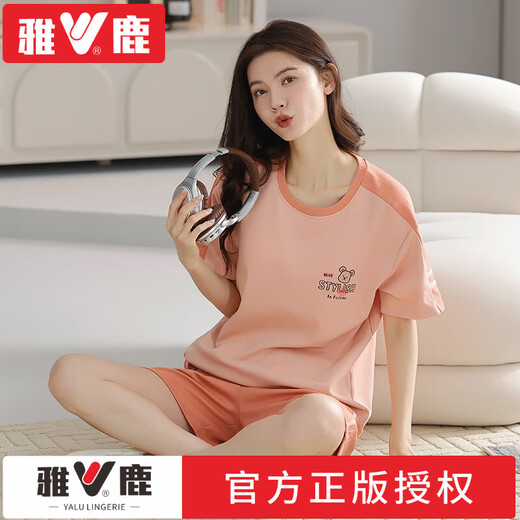 雅鹿睡衣女士夏季纯棉V领短袖七分裤宽松休闲可外穿春家居服套装凉感 品牌T-9855(短裤套装) M (80-100斤)