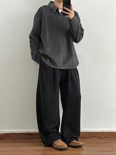 Dark gray wheat ear pattern polo shirt sweatshirt men's autumn heavy jacquard lapel long-sleeved T-shirt American Henry shirt dark gray upgraded version M