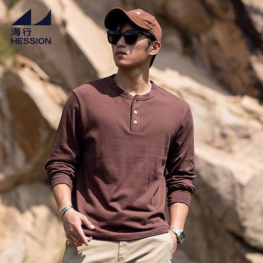 Hai Xing Henry Collar Long Sleeve T-Shirt Men's 2025 Autumn New Solid Color Casual Bottoming Shirt Men's Simple Loose Top Brown S