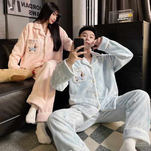 Modal Autumn and Winter Coral Fleece Couple Pajamas Women's Plus Velvet Thickened 2025 New Cartoon Dachshund Men's Home Clothes Set Dachshund Men's Blue * Women's Pink Couples need to take two sets L Female Recommended height 155-165c, weight 100-115Jin Jin equals 0.5 kg