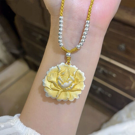 Laohuangxiang genuine pure silver 999 gold peony pendant Chinese style women's Chinese double-sided braided rope sterling silver necklace