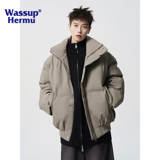 WASSUP HERMU official short cotton jacket for men in winter PU leather water-repellent solid color stand-up collar cleanfit jacket loose bread suit coffee XL (recommended 140-160Jin Jin equals 0.5 kg)