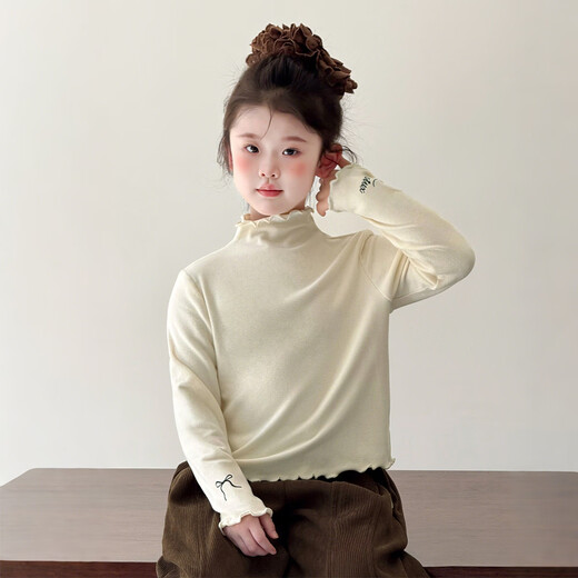 Tutu Little Elephant Girls' Bottoming Shirt Autumn and Winter Children's Solid Color Simple Long Sleeve Versatile Wooden Ear T-shirt Warm Tops Apricot 130