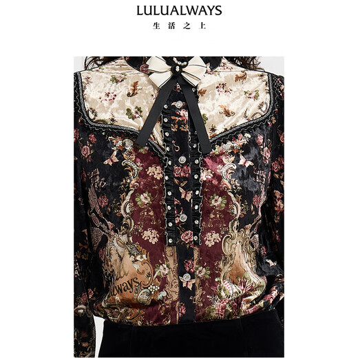 LULUALWAYSLULUALWAYS Shopping mall same style 25 winter new retro palace fungus edge bow long-sleeved shirt sauce red S