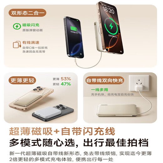 Remax Ruiliang 3C certified Apple power bank with built-in cable 22.5W ice fast charging version丨Magsafe magnetic power bank 10000mAh can be used on airplanes and suitable for iPhone17