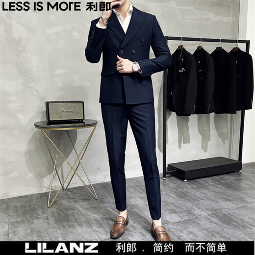 LESS IS MORE Autumn and Winter Korean Slim Suit Suit Two-piece Men's Casual Light Mature Style Men's Small Suit Handsome Jacket Trendy Black XL