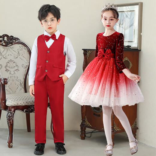 Disney Eleven Children's Performance Costumes Pure Cotton Princess Dress Female Dance Performance Puff Skirt Long-Sleeved Primary School Student Recitation Chorus Costume Long-sleeved Black Boys Overalls as shown in the picture 105 cm