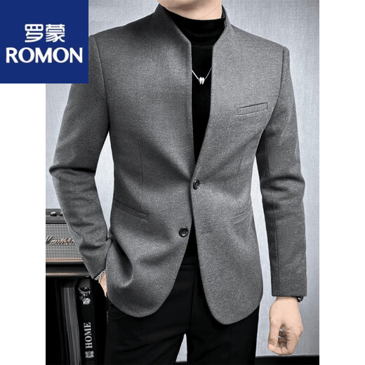 罗蒙（ROMON）高端毛呢新中式西装套装男款正装秋冬款立领中山领中老年人西服 中式立领咖色单西装 XL 120-135斤