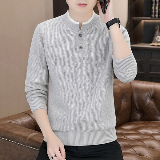 Pierre Cardin Henry Collar Sweater Men's Retro Casual Fake Two-piece Knitted Sweater Men's Mature and Stable Men's Warm Bottoming Shirt Men's Light Gray M