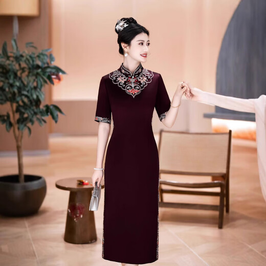 Rabbit style etiquette dress cheongsam Ao Dai cheongsam dress improved version cheongsam catwalk performance long cheongsam dress burgundy 2XL