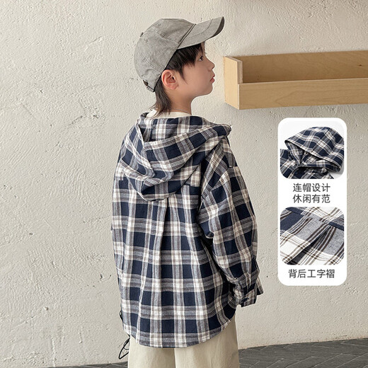 Zhenpinxuan Children's Clothing Boys Hooded Plaid Shirt Children's Summer Thin Jacket 2025 New Boys Sunscreen Shirt Green Plaid 110cm