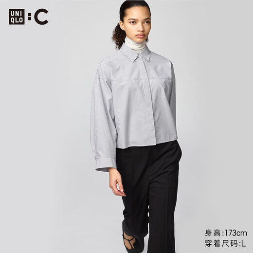 UNIQLO cooperation model/women's cotton striped short shirt/long sleeve 479678 06 lead gray M /160/84A