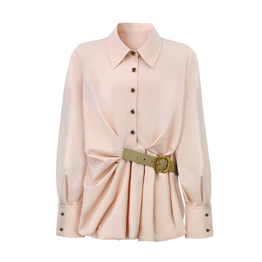 TUNTUN Autumn and Winter foldout, very recognizable, personalized pleated belt waist-cinching pink long-sleeved shirt top, rubber powder in stock S