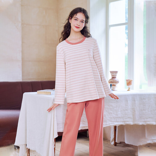 American Standard's new long-sleeved couple's soft cotton pajamas set for women in autumn and winter can be worn outside casual striped knitted cotton home clothes for men coral pink M