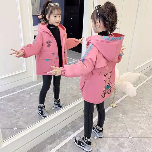 女童夹棉外套中长款春秋2025年新小女孩洋气棉衣服冬季加厚大童装 粉色加棉款适合10度左右天气 120 120cm