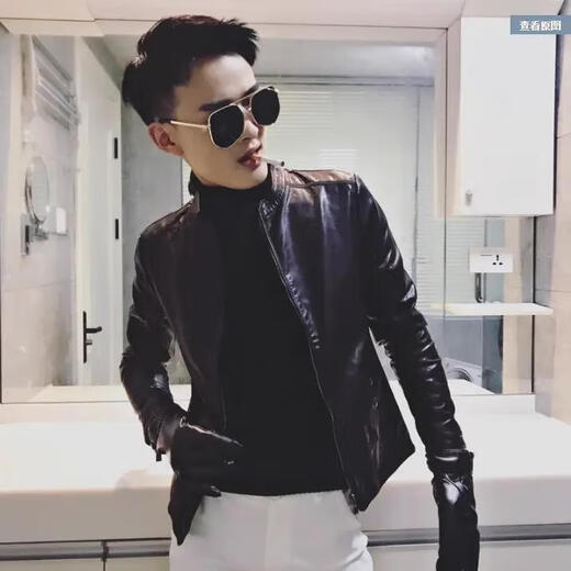 Cui Wanzhi Short Jacket Small Small Size Clothes Short Small Size Slim Leather Jacket Men's Winter Plus Velvet Leather Jacket Brand Black Regular XS Brand XS