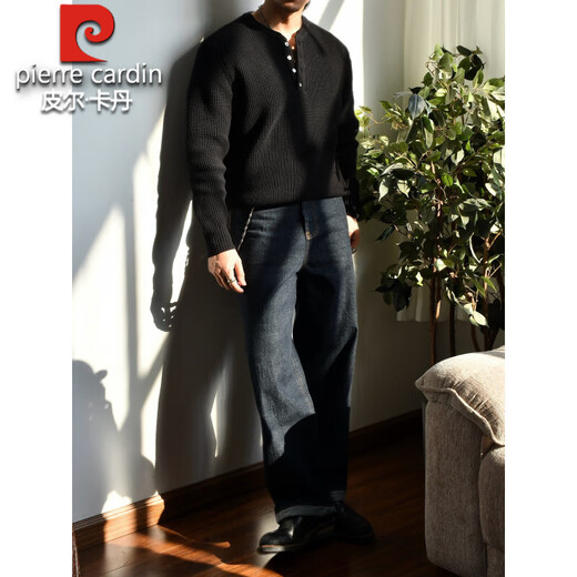 Pierre Cardin thickened sweater men's Henry collar sweater casual cotton heavy sweater American retro bottoming sweater raw cotton color S
