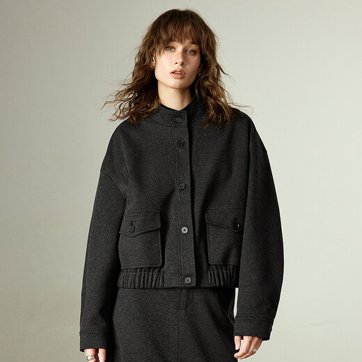 Chuyu Woolen Jacket Women's 2025 Winter New Stand Collar Retro High Intelligence Jacket Loose Top Jacket Black Gray L