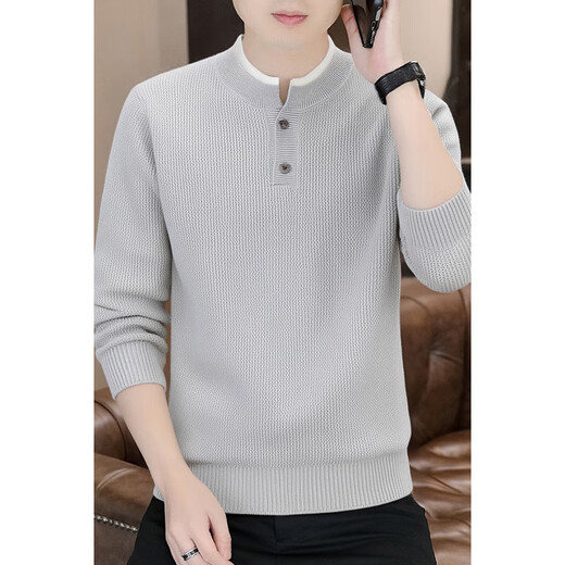 Pierre Cardin Henry Collar Sweater Men's Retro Casual Fake Two-piece Knitted Sweater Men's Mature and Stable Men's Warm Bottoming Shirt Men's Light Gray M