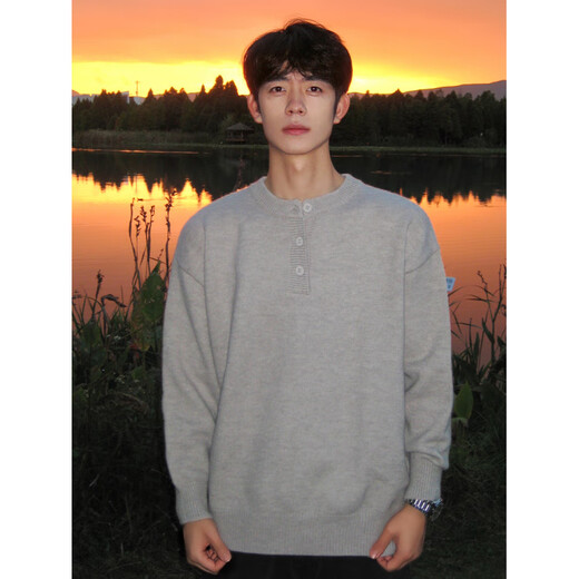 Retro Henley Collar Sweater Men's Autumn and Winter Clean High Background Lazy Style Sweater 3531 Gray L