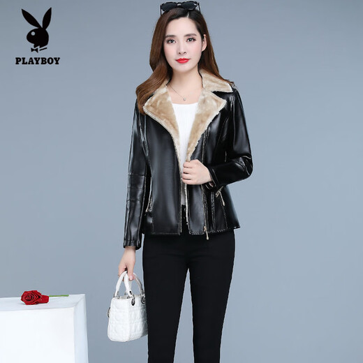 Playboy (PLAYBOY) leather jacket women's velvet thickening short Korean version slim and slim 2025 autumn and winter new fur all-in-one mother's wear Ruiyan black short velvet thickened 7XL 145-160Jin Jin equals 0.5 kg