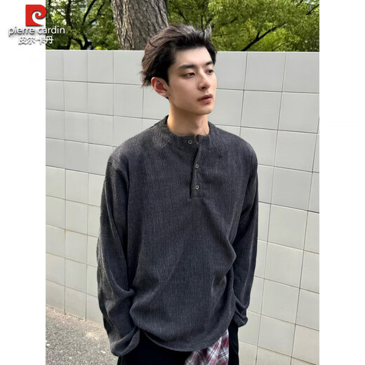 Pierre Cardin black Henry collar sweater for men, autumn old money style long-sleeved T-shirt, American retro lazy top knitted black, upgraded style M