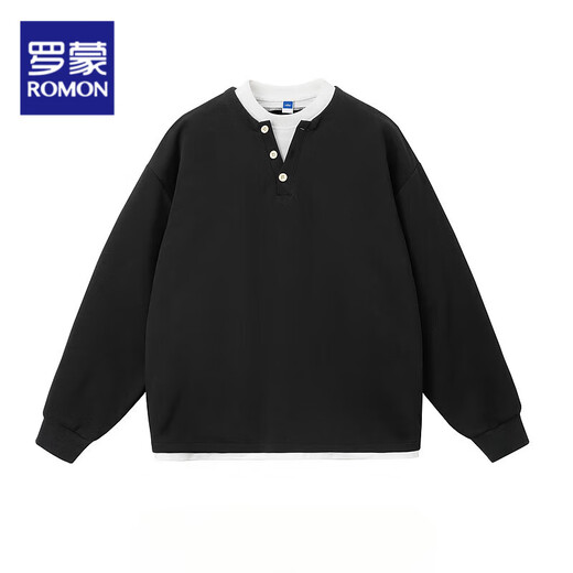 Romon sweatshirt men's 2025 spring and autumn new retro fake two-piece Henry collar versatile loose casual inner bottoming shirt long WY5503 black M size 28-29 - weight 95-110 Jin Jin is equal to 0.5 kg
