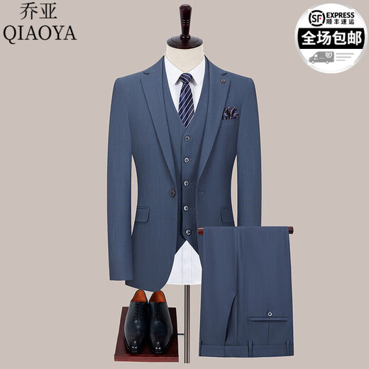 乔亚意大利轻奢品牌条纹西服套装男商务休闲正装西服外套新郎结婚礼服 6173-黑条【两扣双开叉三件套】 S 165/84A 44码