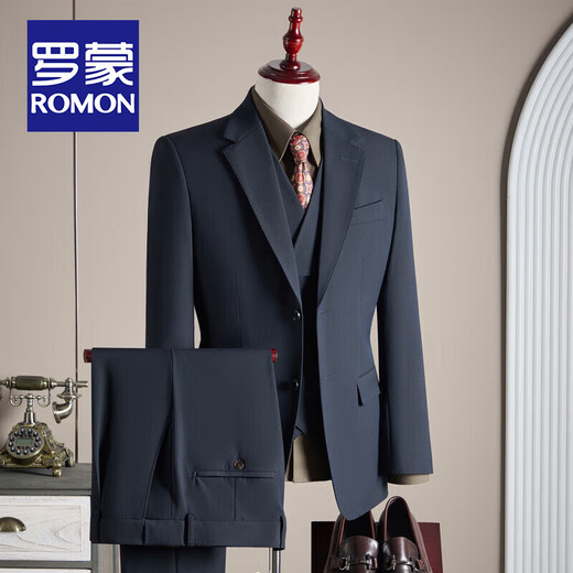 ROMON high-end modal woolen suit suit men's autumn groom wedding dress business casual professional suit navy blue two-piece suit top + pants 2XL 54 135-148Jin Jin equals 0.5 kg to wear