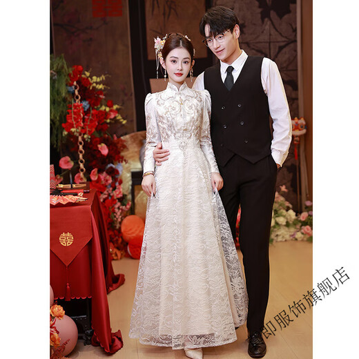 Zhenjie New Chinese Engagement Dress Lace Improved Cheongsam Long Sleeve Toast Wear Bridal Registration Certificate Dress Spring Champagne M
