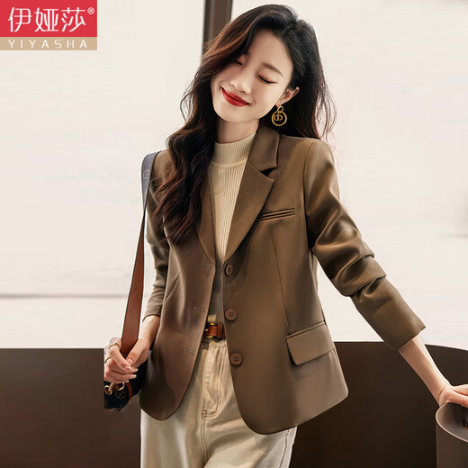 Iyasha small suit jacket for women, short style, small formal wear, casual, slim and slim, this year's popular suit top, brown regular, three buttons XL recommended 115-125 Jin Jin equals 0.5 kg