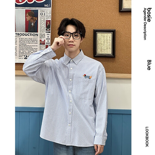Bosie Boxi 2025 new autumn cartoon design striped long-sleeved shirt men's couple loose coat blue M