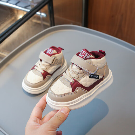 Ginoble winter children's soft-soled two-padded shoes for girls, plus velvet toddler shoes, boys 1 to 5 years old, autumn and winter sports shoes, khaki plus velvet, cut label and remove from the cabinet, 13.5 cm, inner length, size 22