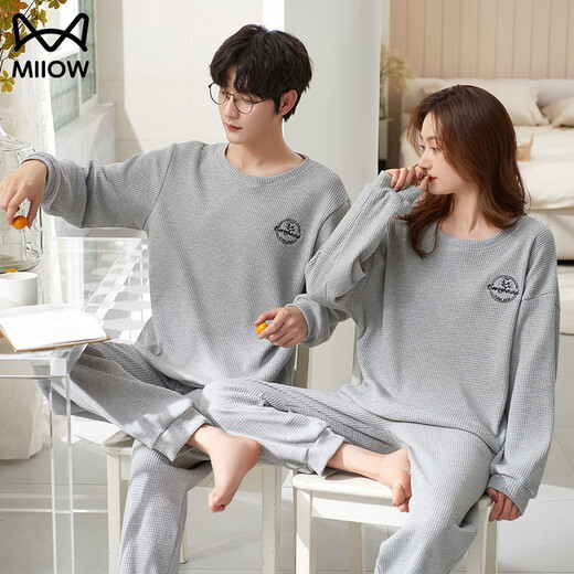MiiOW Couple Pajamas Spring and Autumn Women's Autumn and Winter Long-Sleeved Pants Set Simple and Loose Men Can Wear Outside Home Clothes H7100 XL Women