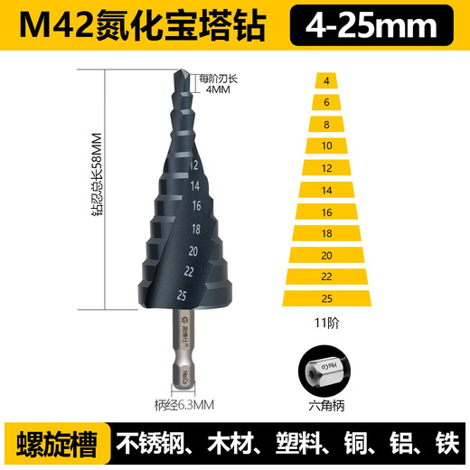 Gaoboshi industrial grade M42 high cobalt cone pagoda drill bit tapered stainless steel special opening expansion table step iron aluminum plate woodworking M42 nitride pagoda drill 4-25 (11 steps)