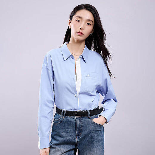 Chuyu Shirt Women's 2025 Autumn New European Style Multi-Color Bottoming Shirt Pure Cotton Versatile Top Sky Blue M