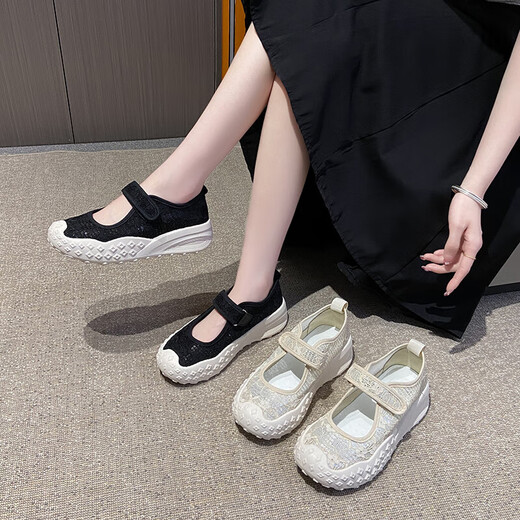 玛丽珍单鞋女蕾丝镂空网面透气厚底慢步鞋防滑耐磨休闲时尚妈妈鞋 YGNX-672米色 37