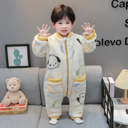 Children's One-piece Pajamas in the Wild and Wild, Autumn and Winter Flannel Thickened One-Year-Old Baby Baby Sleeping Bag, Boy's Coral Velvet Anti-Kick Quilt, Off-White 100cm
