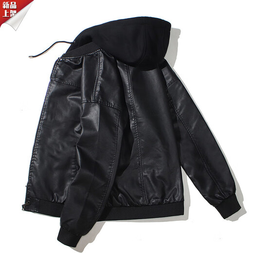 HKWZ Men's Hooded PU Leather Jacket Motorcycle Hooded Men's Youth Leather Jacket Cotton Autumn and Winter Thickened Jacket Leather Jacket Black M