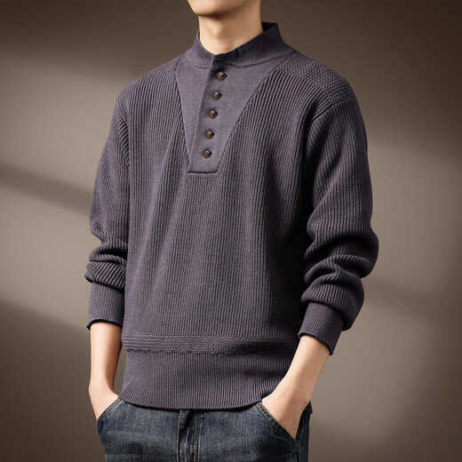 Noble color high-end American tough guy handsome Henry collar sweater for men in autumn thickened and warm retro heavyweight dark khaki gray S suitable for 90-110 Jin Jin equals 0.5 kg