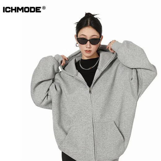 ICH MODE American sweatshirt jacket women's autumn and winter new loose hooded double zipper cardigan lazy long-sleeved jacket light gray L