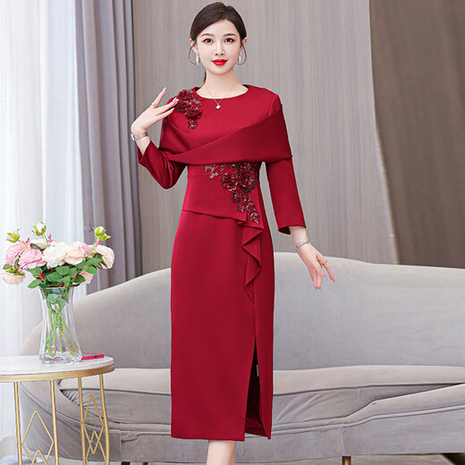 Wen Mi's engaged mother's autumn and winter wedding dress for her mother-in-law, red skirt, sexy young wedding dress, rose red 2XL