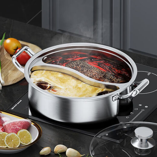 Jianyang stainless steel extra thick mandarin duck pot one-piece high temperature resistant household large capacity commercial hot pot shabu-shabu with lid food grade stainless steel 1 inch 32CM with lid