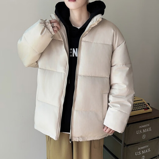 Down Cotton Jacket Men's Trendy Lightweight Cotton Jacket 2025 New Thick Large Size Warm Black Bakery Jacket Apricot 5XL