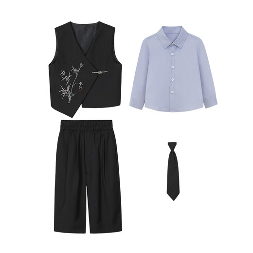 萝卜呗呗（LUOBOBEIBEI）儿童西装新中式男童国风马甲花童礼服男孩演出服 黑色四件套 110