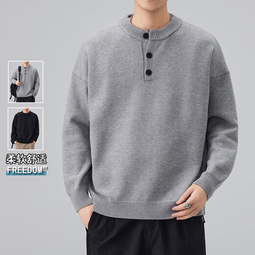 Plunging Henry collar sweater for men in autumn, loose and casual, lazy style, long-sleeved bottoming shirt for men BM2839 black XL recommended 145-160Jin Jin is equal to 0.5 kg